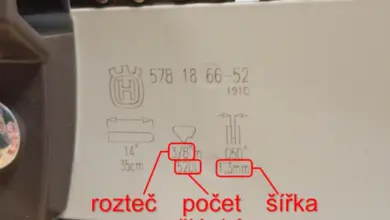 Značení řetězu motorové pily s rozměry v angličtině a českými popisky.