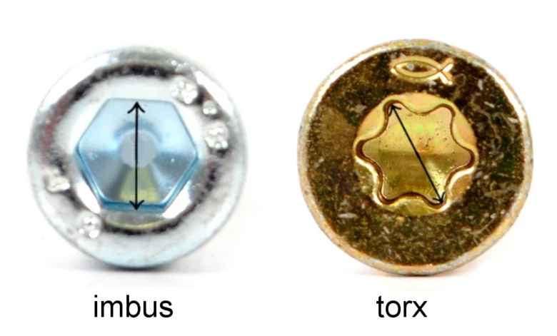 Porovnání hlav šroubů typu Imbus a Torx na bílém pozadí.