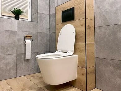 Závěsné WC v koupelně s dřevotřískovou oblohou.
