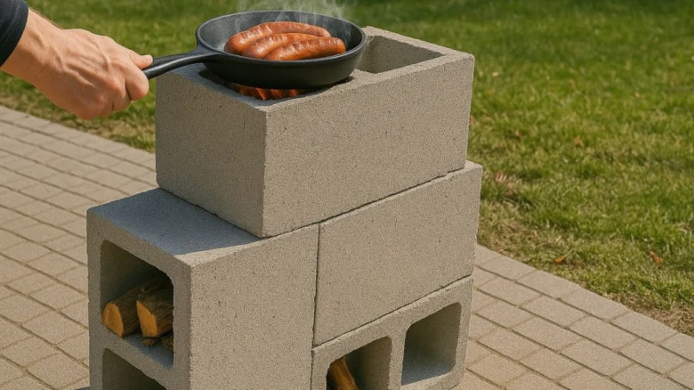 Domácí raketová kamna z cihel s vařenými klobásami na grilu.