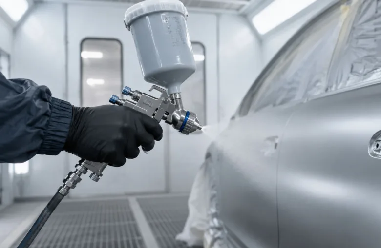 Stříkací pistole nanáší barvu na automobil v dílně.