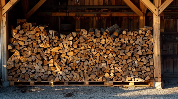 Nápadně uspořené dříví v otevřeném skladu pod střešním konstrukčním rámem.