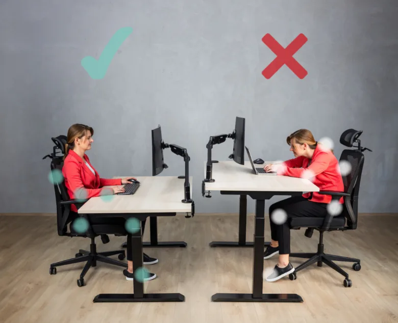 Správný a špatný způsob nastavení výšky stolu pro ergonomii.