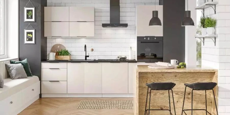 Modern kitchen interior with island and seating area