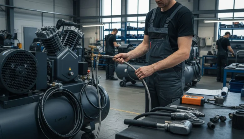 Mechanik měří průměr hadice na stlačeném vzduchu v dílně.