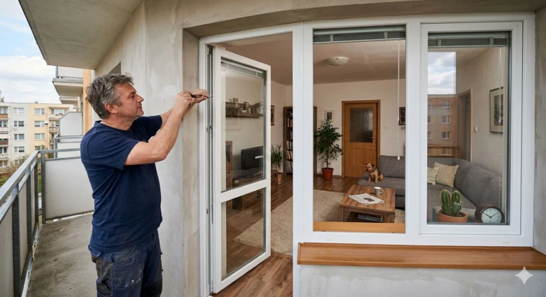 Muž opravuje plastové balkónové dveře svépomocí na bytě.