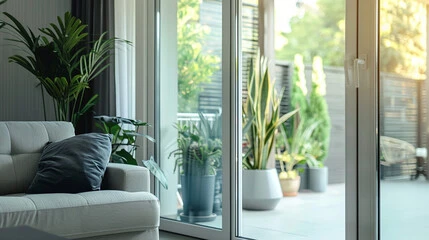 Moderní obývací pokoj s pohledem na balkon přes skleněné dveře.