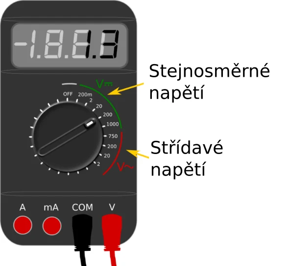 Digitální multimetr s připojenými sondami pro měření napětí.
