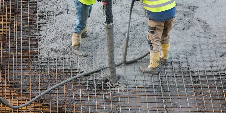 Dva dělníci nalévají beton na ocelovou mřížku.