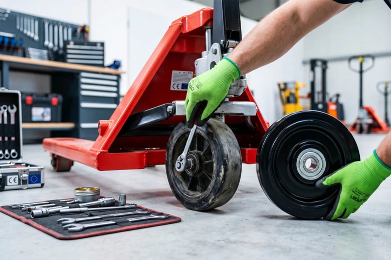 Mechanik opravuje paletový vozík pomocí klíče v dílně s nářadím.