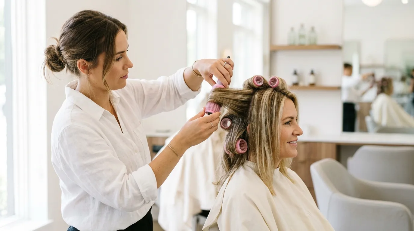 Stylista vlasy klientky navíjí do trvalé vlně.