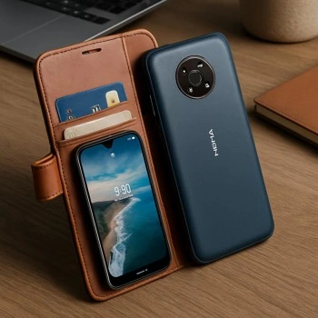 Modrý chytrý telefon v hnědém koženém pouzdru s kartami.