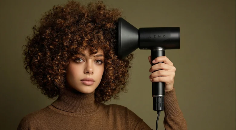 Žena s kudrnatými vlasy používá difuzér na styling.
