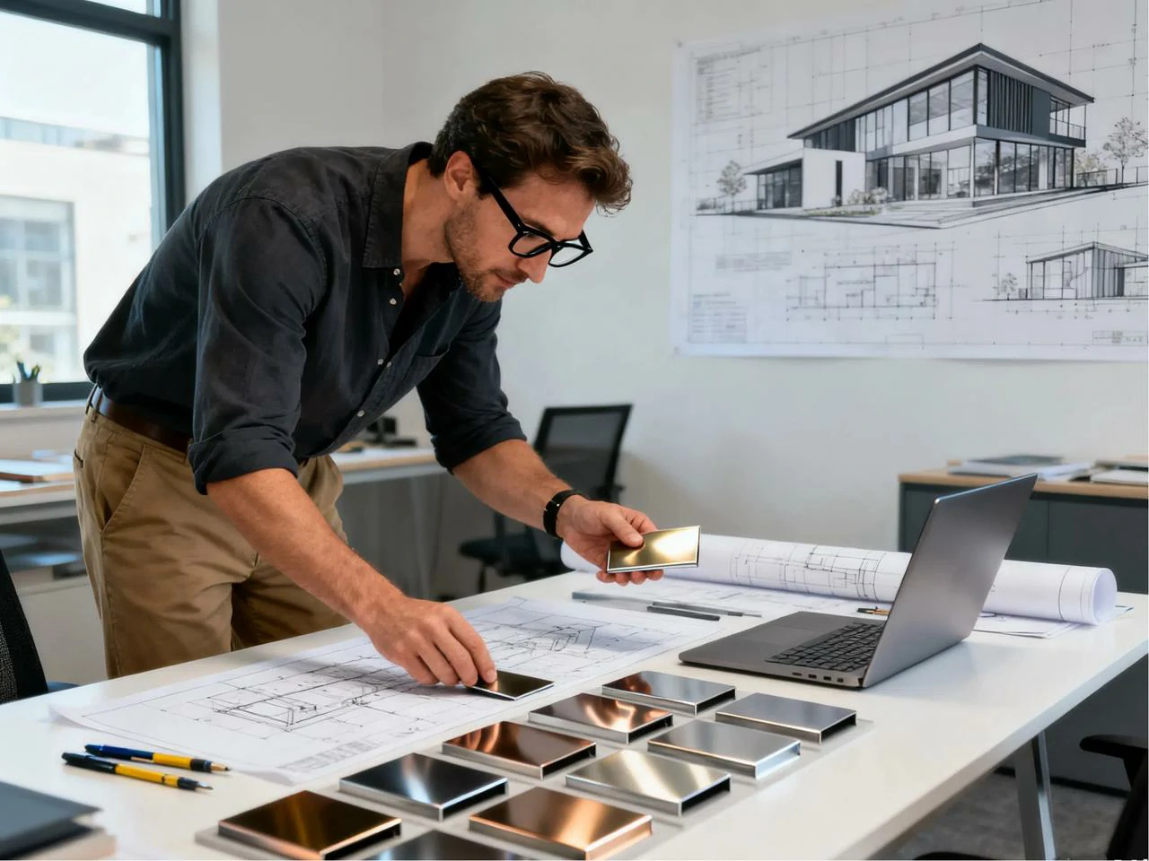 Architekt vybírá vzorky kovových povrchů pro návrh interiéru.