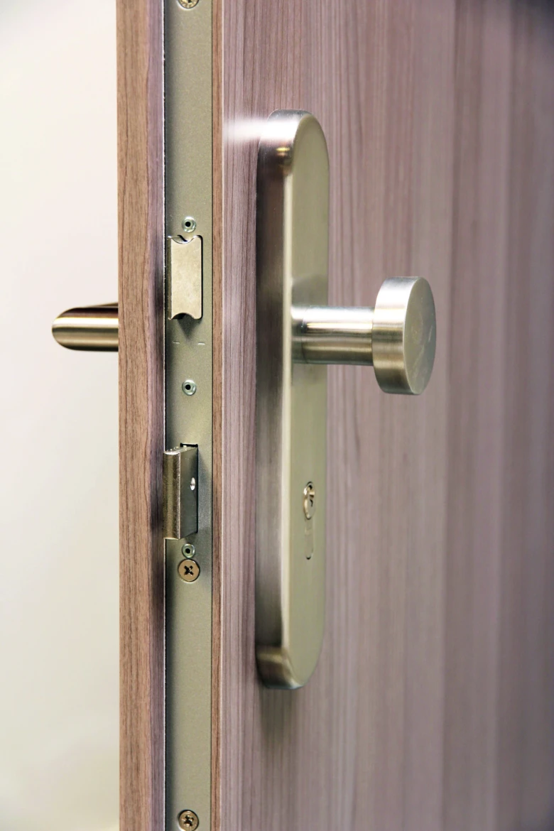 Detail zámku a kliky na dřevěných vchodových dveřích.
