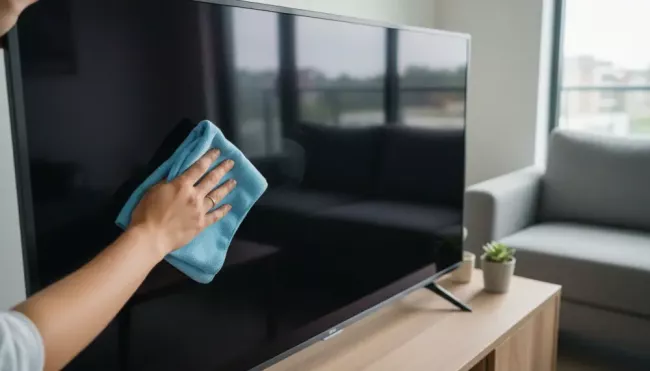 Ruční čištění obrazovky televize modrou utěrkou.