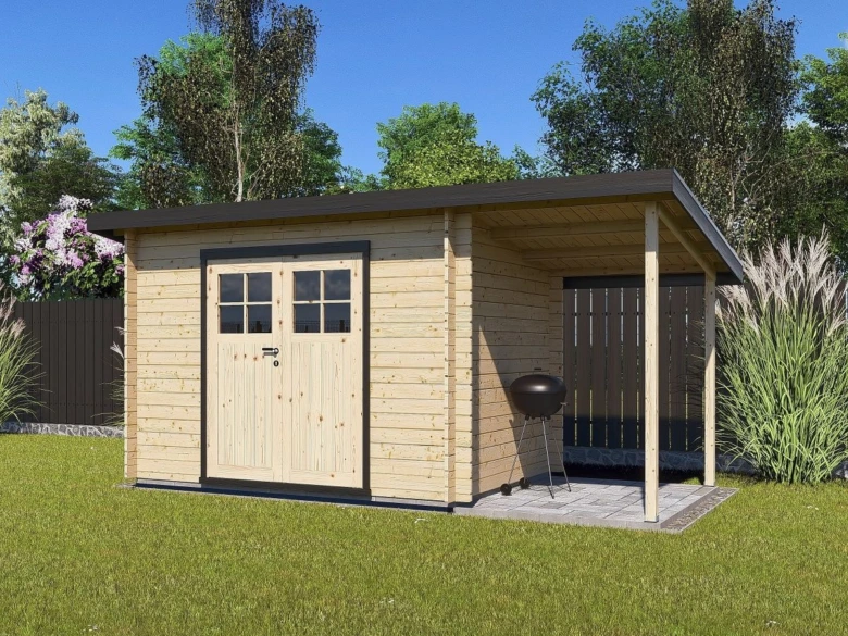 Moderní dřevěný zahradní domek s přístřeškem na trávníku.