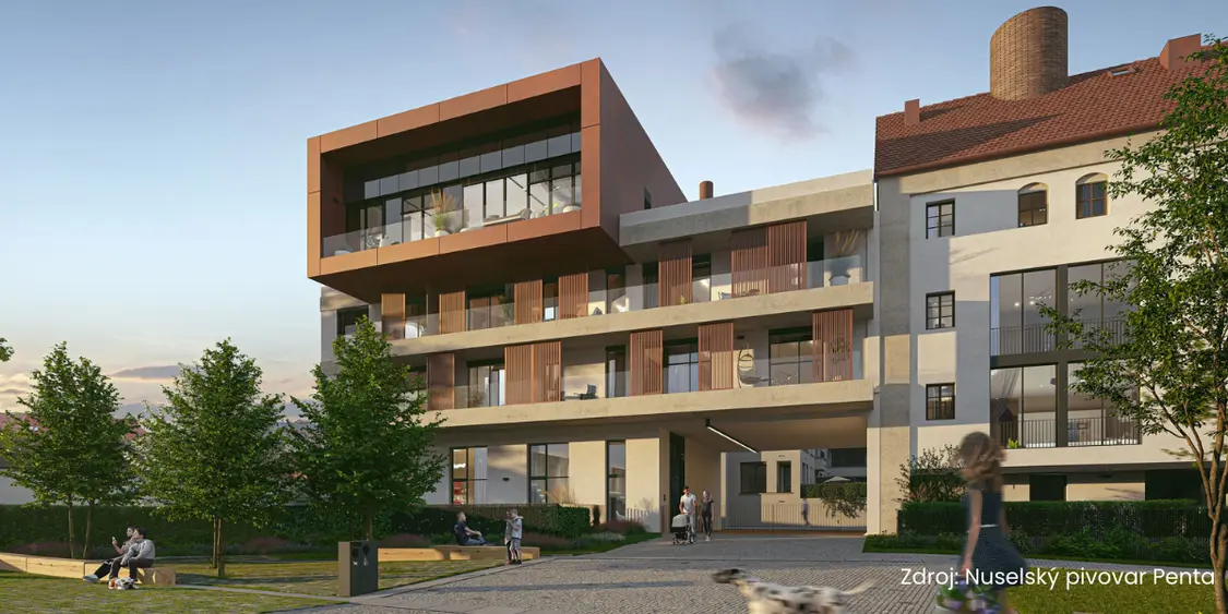 Moderní bytový dům s balkony a zelenou zahradou pro bydlení.