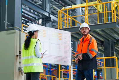 Industrial workers reviewing plans