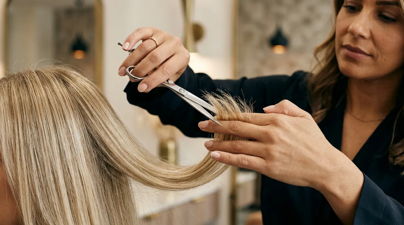 Stylista stříhá blond vlasy klientky v kadeřnictví.