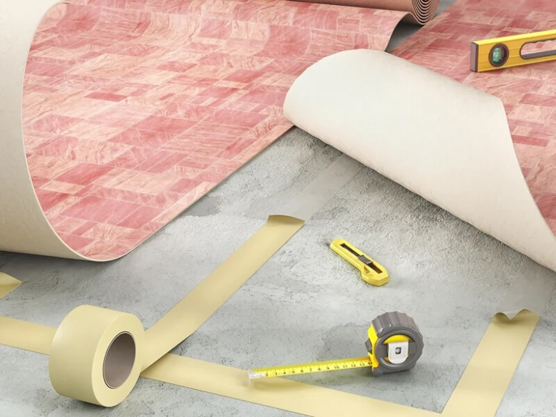 Linoleum, páska a nástroje pro řezání na podlaze