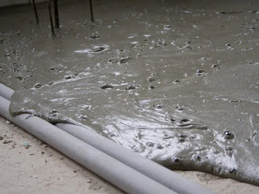 Mokrý beton se nalévá na podlahu s viditelnými bublinami vzduchu.
