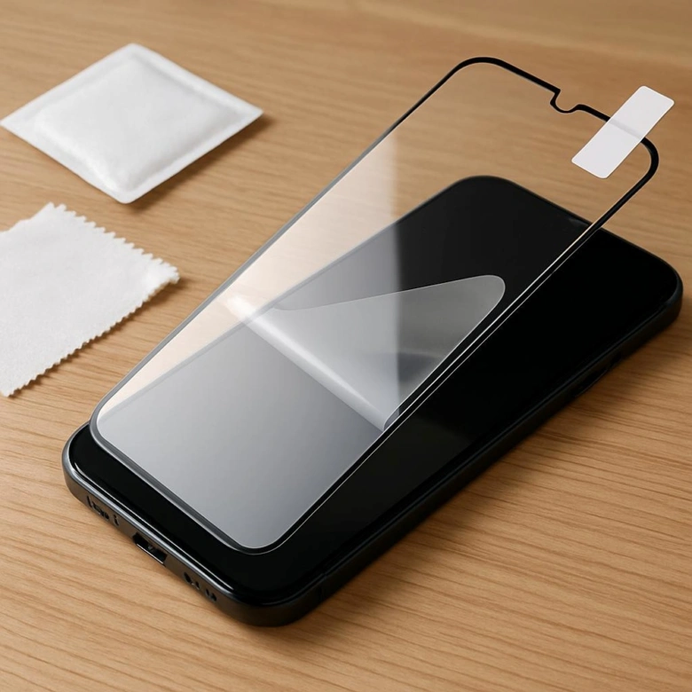 Ochranná fólie pro telefon je připravována k nalepení na displej.
