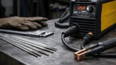 Svařovací stroj s elektrodami na pracovním stole pro výběr proudu.