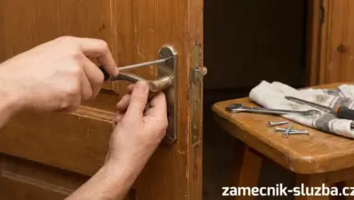 Ruční oprava kliky dveří pomocí šroubováku s nástroji vedle.