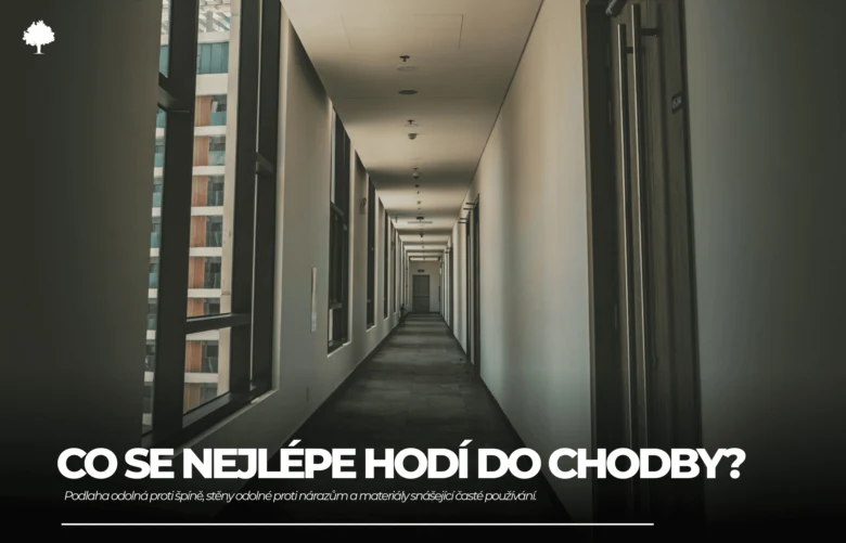 Moderní chodba s velkými okny vedoucí do budovy.