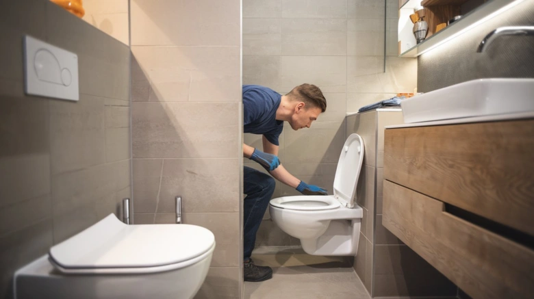 Muž v modrých rukavicích vyměňuje staré záchodové prkénko za nové.