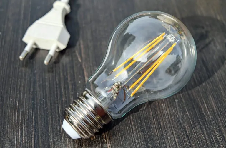 LED žárovka s přípojkou na tmavém dřevěném povrchu.