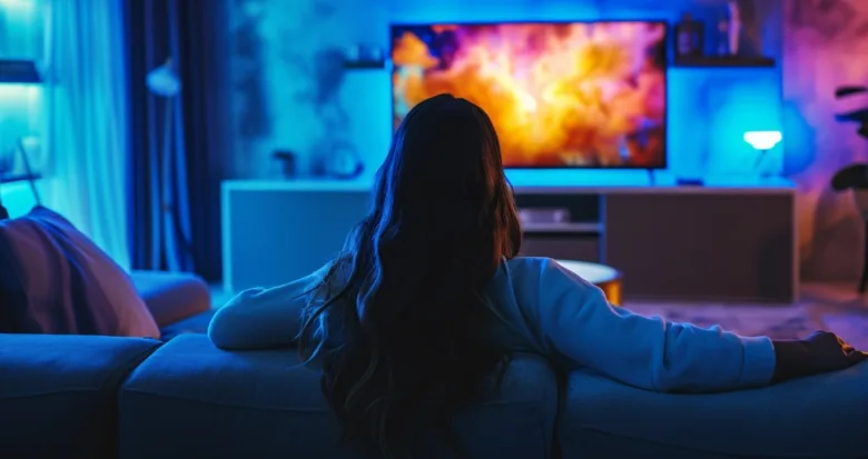 Žena sedí na gauči a dívá se do televize v obývacím pokoji.