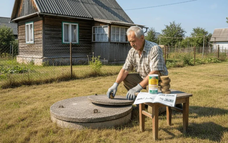 Muž pracuje na poklopu septiku s kvasnicemi v zádí.