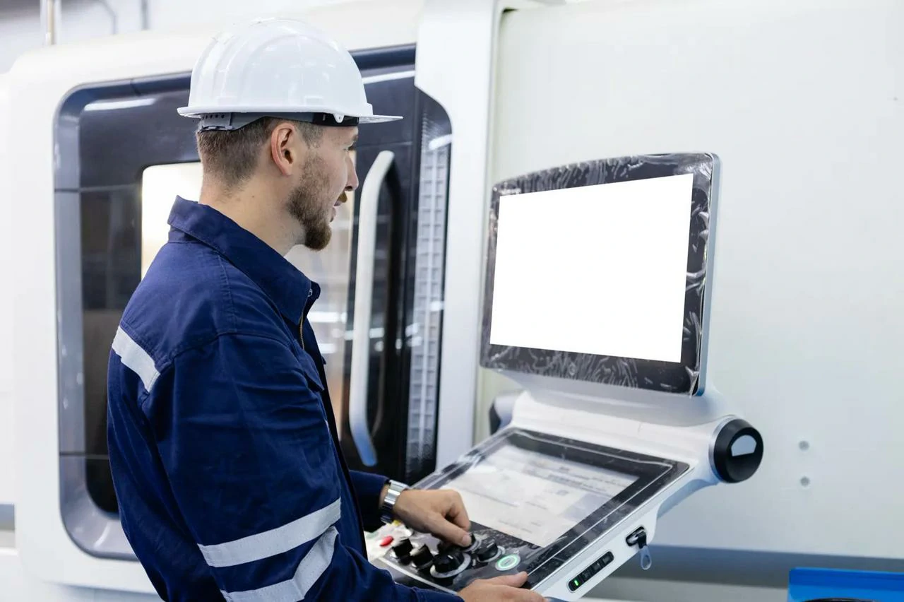 Worker operating cnc machine