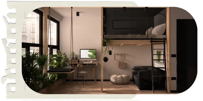 Moderní loft s kombinací obývacího pokoje a spánkové zóny.