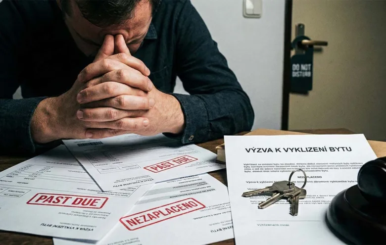 Muž v stresu s papíry o vyklizení a klíči na stole.