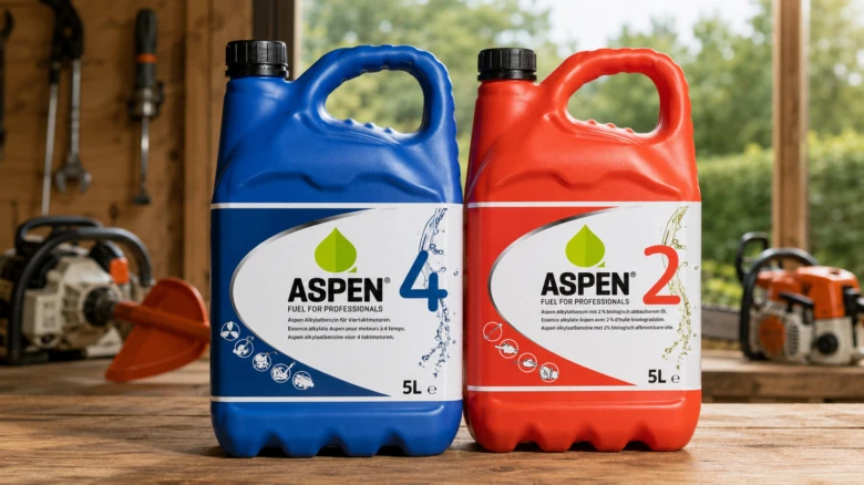 Dva nádrže s benzinem pro motorové pily značky Aspen.