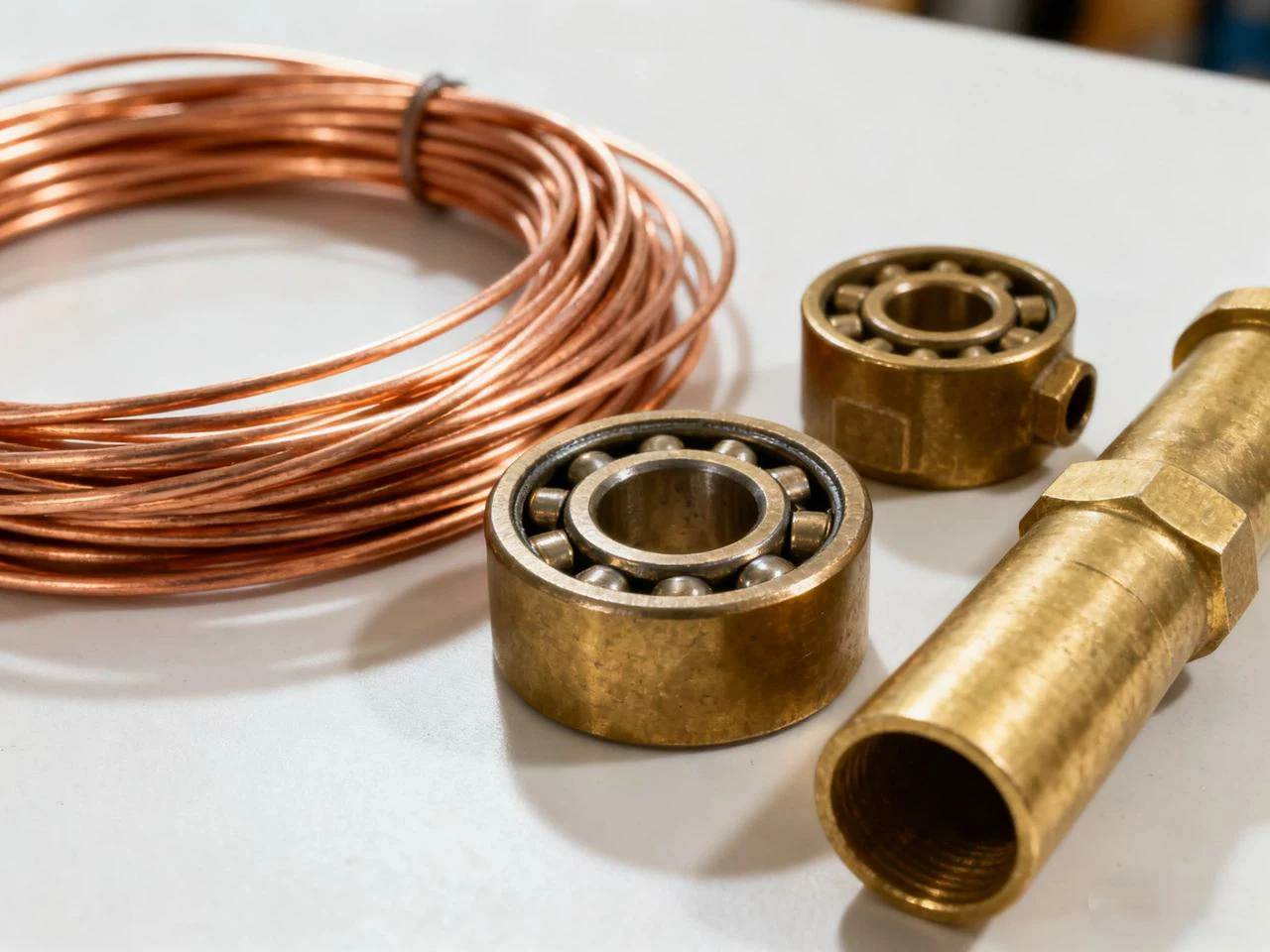 Copper wire next to brass components for comparison.