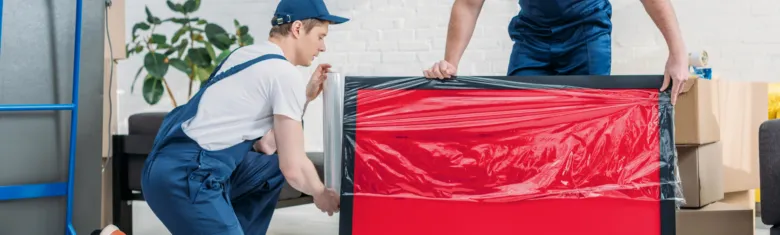 Muži obalují červenou ledničku pro bezpečnou přepravu.