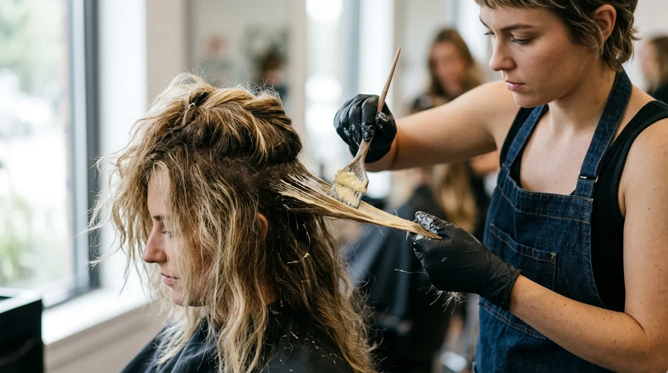 Stylista nanáší barvu na světle hnědé vlasy v kadeřnictví.
