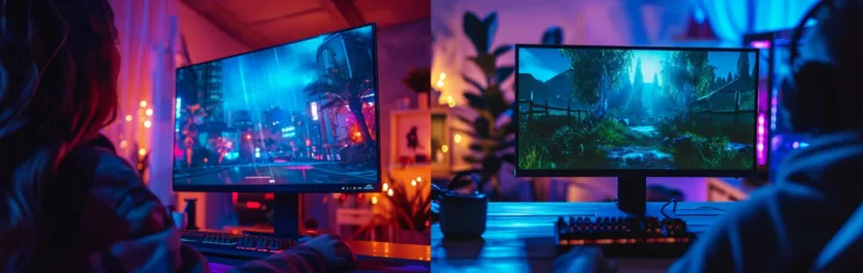 Dva lidé sledují velké monitory v osvětlených místnostech.
