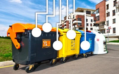 Řady barevných kontejnerů na recyklaci plastu venku.