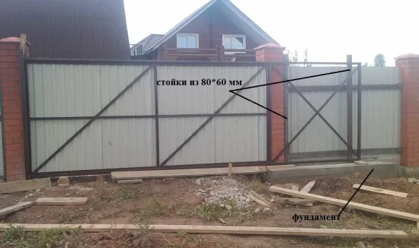 Částečně nainstalované posuvné brány s označenými nosnými prvky a základem.